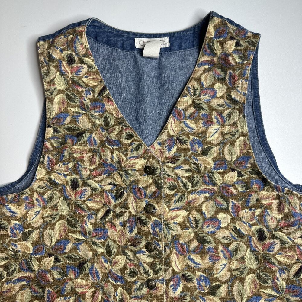 Vintage Cherokee Womans Denim VestAutumn Leaves Buttons USA Made Size Medium 90s - Picture 4 of 6